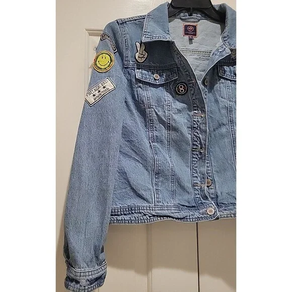 Boom Boom Jeans Women’s XL Denim Jacket Distressed Patches Boho Y2K Light Wash - Picture 3 of 8